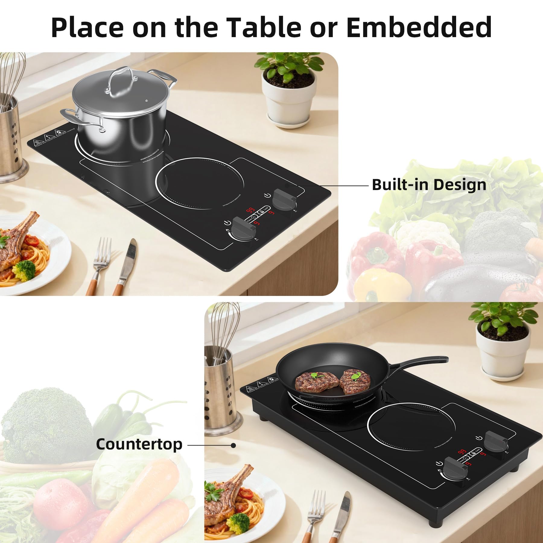 VBGK Induction Hob,220V 3000W twin induction hob with LED Touch Screen, 10 Power Levels, Kids Lock & Timer, Overheat Protection, knob and touch control Double Induction Hob — view 9