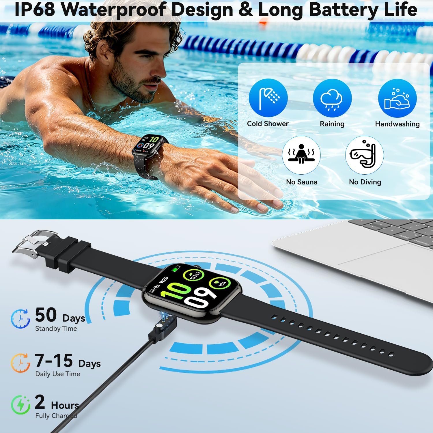 zhizhi Smart Watch for Men Women iPhone/Android: 1.85" HD Touchscreen Smartwatch with Bluetooth Call IP68 Waterproof 130+ Sport Modes Fitness Tracker Heart Rate/Sleep/SpO2 Monitor Fitness Watch