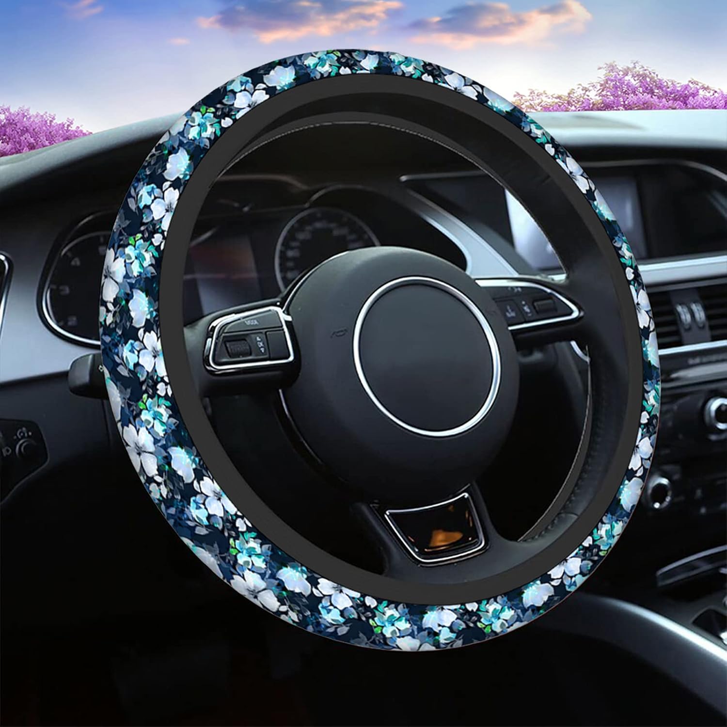 Swono Flower Blue NonSlip Steering Wheel Cover Watercolor