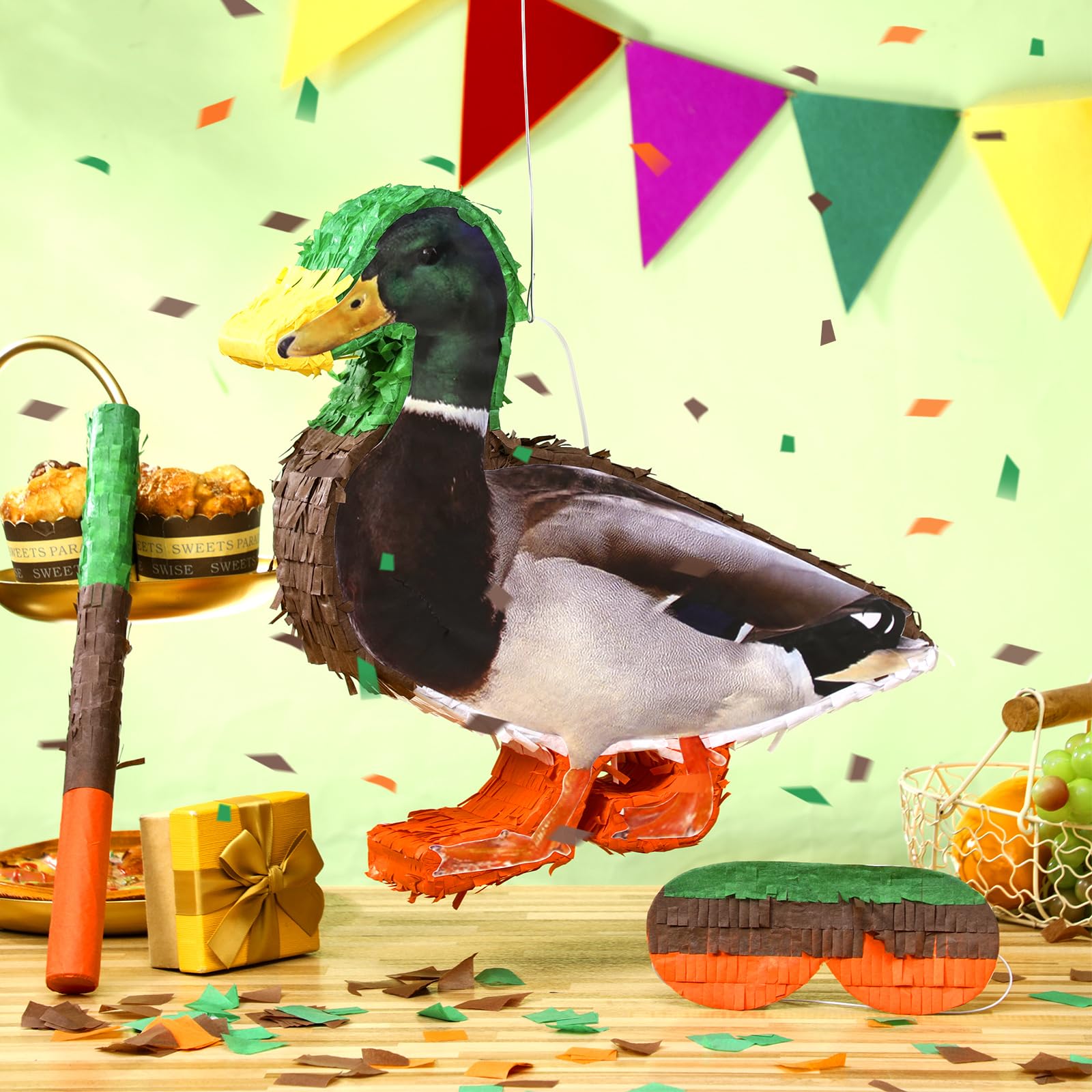 Leyndo Mallard Ducks - Juego de piñata para fiesta de cumpleaños, piñata de patos Mallard con confeti vendado para adultos, regalo para adultos, decoraciones de animales de verano, accesorios de juego