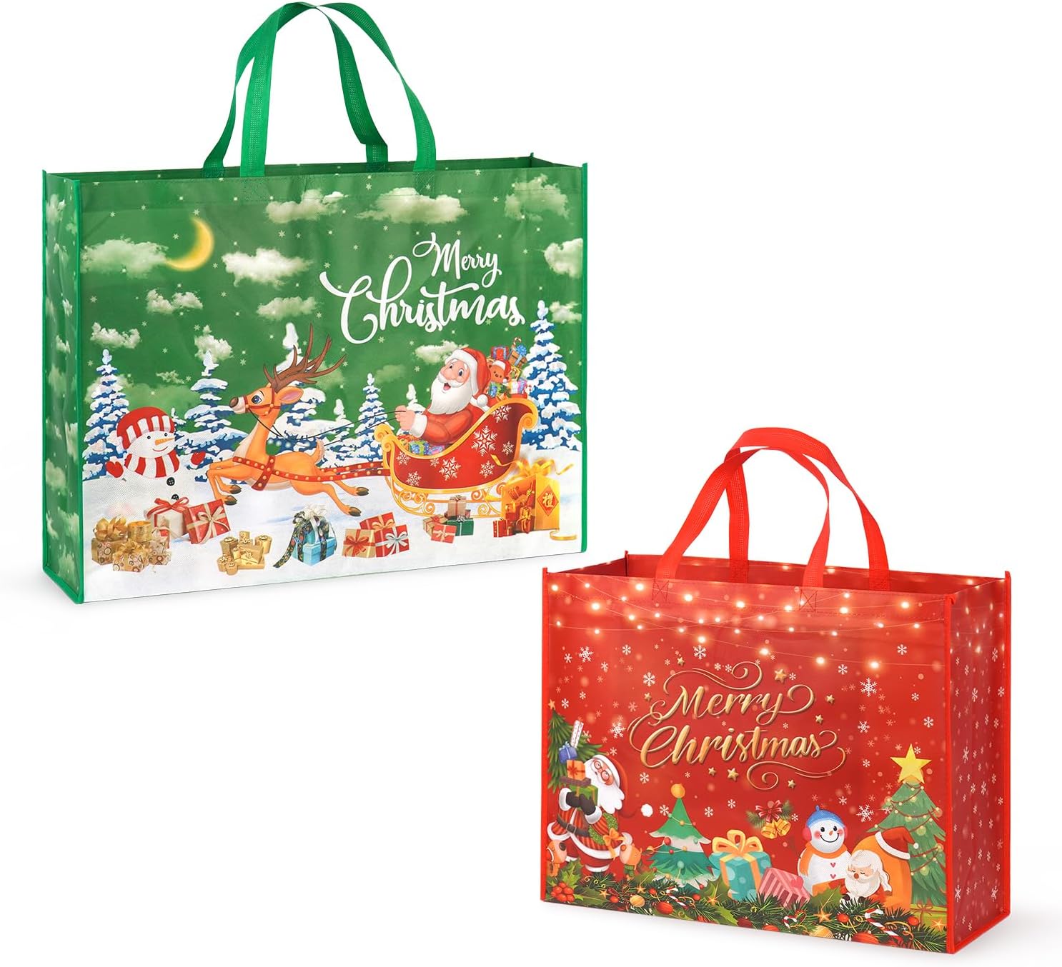 PARSUP 2PCS Giant Christmas Gift Bags, Assorted Szies, Heavy Duty Treat Tote Grocery Bags with Handles, Sewing Non-Woven Jumbo Bags for Gifts Wrapping Shopping, Xmas Party Supplies