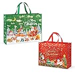 PARSUP 2PCS Giant Christmas Gift Bags, Assorted Szies, Heavy Duty Treat Tote Grocery Bags with Handles, Sewing Non-Woven Jumbo Bags for Gifts Wrapping Shopping, Xmas Party Supplies