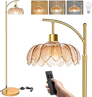 Stehlampe Wohnzimmer Vintage Gold Dimmbar mit Fernbedienung: Moderne LED Leselampe Messing Bogen für Schlafzimmer, Büro, Retro Klassische Design mit Braun Schirm, Boho & Mid Century Modern, Groß 175cm