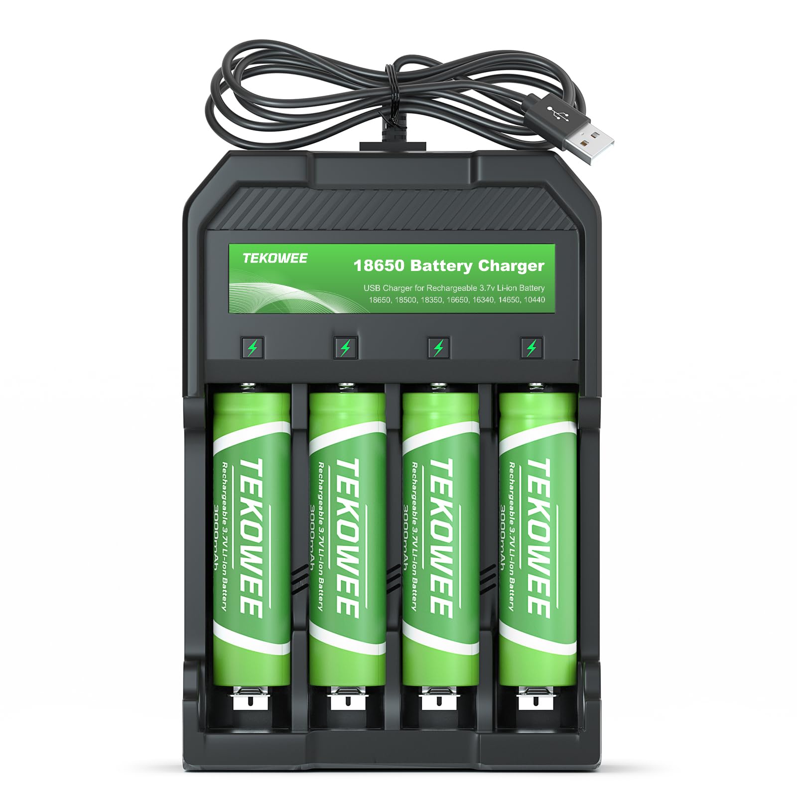 4 Pack 18650 Rechargeable Battery Flat Top with 18650 Battery Charger, 3.7V Lithium Battery 3000mAh for Flashlights, Headlamps, Cameras (4 Pack Battery and Charger)