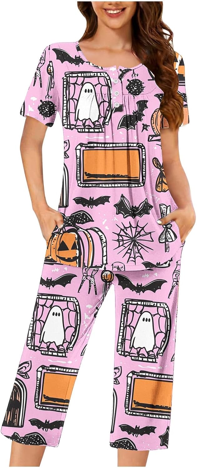 Halloween Pajamas for Women Funny Cute Pumpkin Ghost Print 2 Piece Pjs