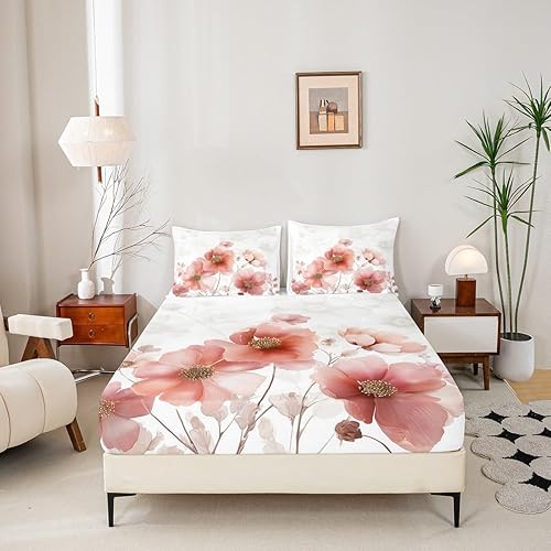 Miniatura 5 de Manfei Sábana bajera ajustable de flores rosas tamaño matrimonial, juego de ropa de cama floral acuarela de 3 piezas para niños, niñas, adolescentes