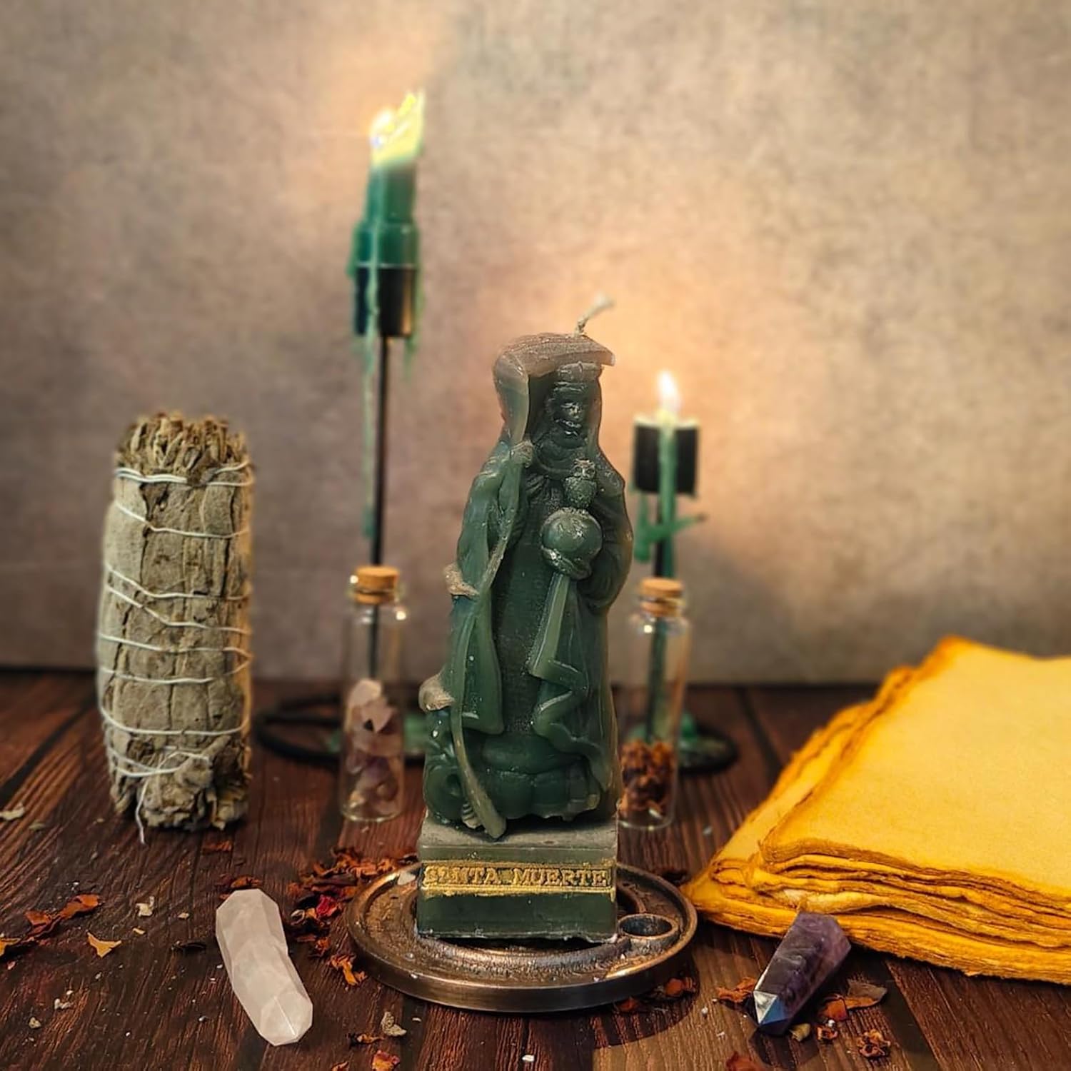 Santa Muerte Style Candle – Detailed Figurine Decorative Candle for Home Décor, Cultural Art Display, Shelf & Table Accent (Green, Pack of 4)