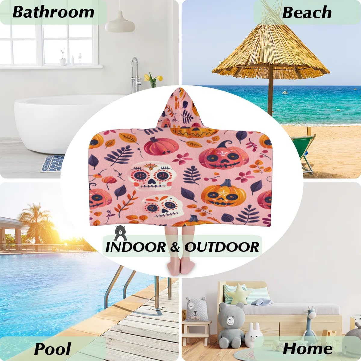 Kids Bath Towel Mandala Skull Pumpkin Beach Towel with Hood Pool Cover Up for Girls Boys Soft Absorbent Hooded Bath Towel Toddler Towels for Beach, Pool