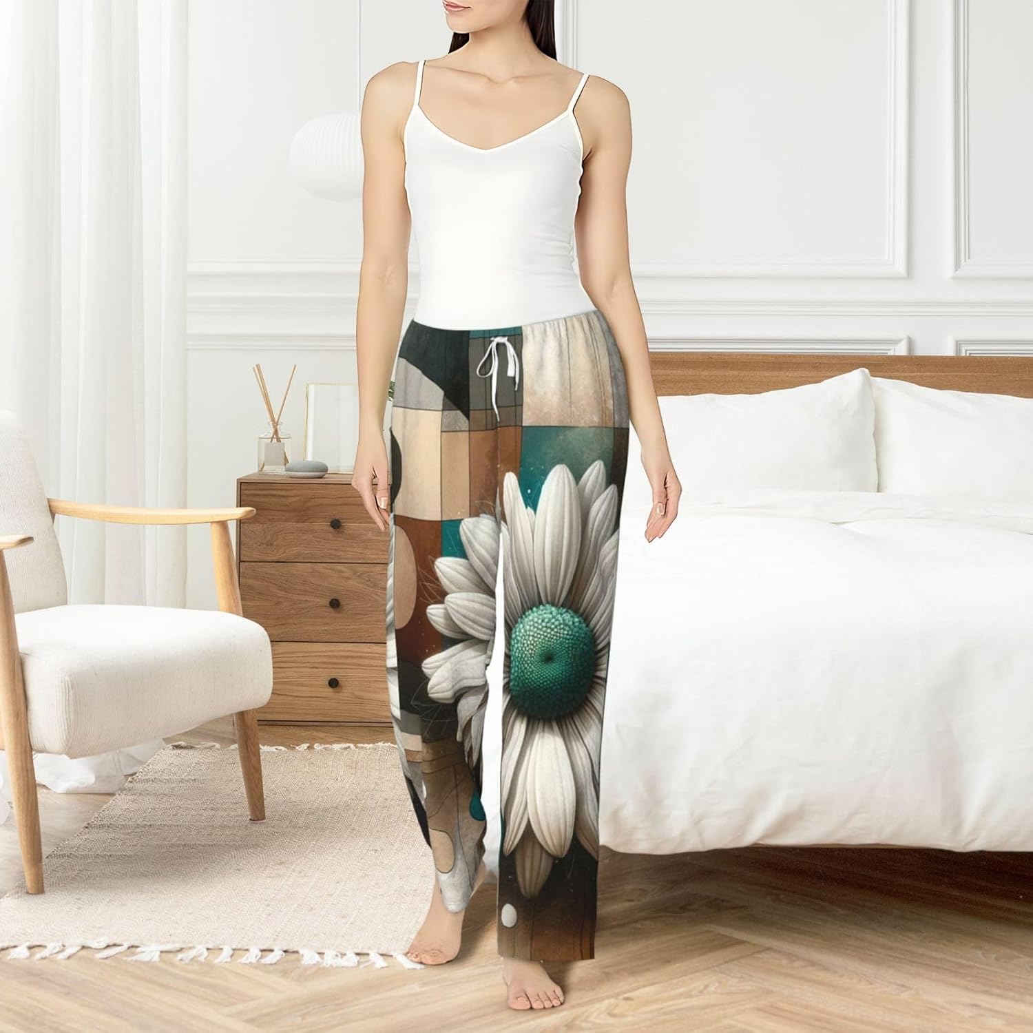 Women'S Geometric-White-Daisy Fleece Pajama Pants, Cozy Flannel Lounge Bottoms For Women