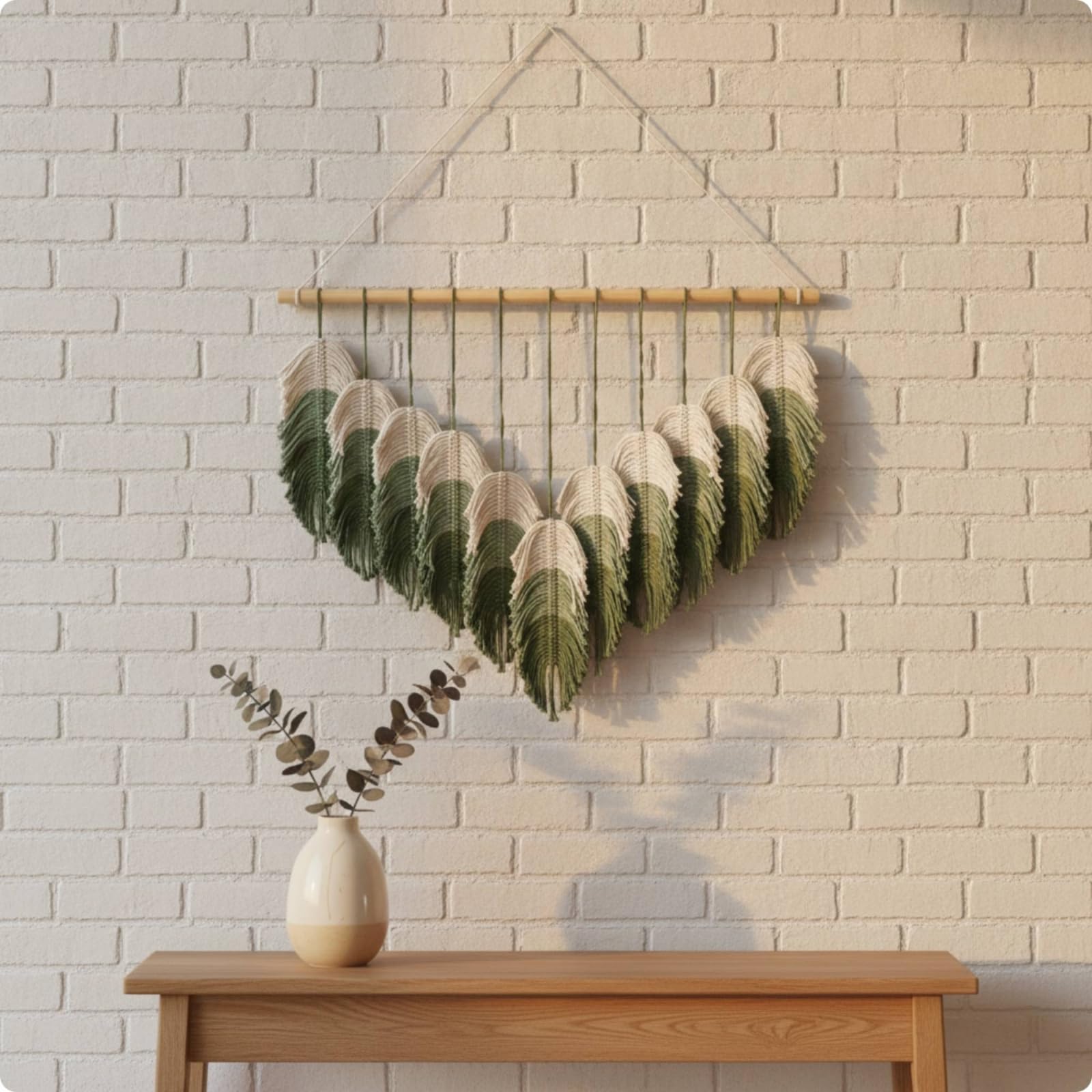 Fonowx Tapiz de Hojas Macramé Pared Colgante Decoración Mural Tejido Artesanal con Caída en Barra de Colgado Algodón y Madera Adecuado para Sala de Estar, Verde, 80 110cm