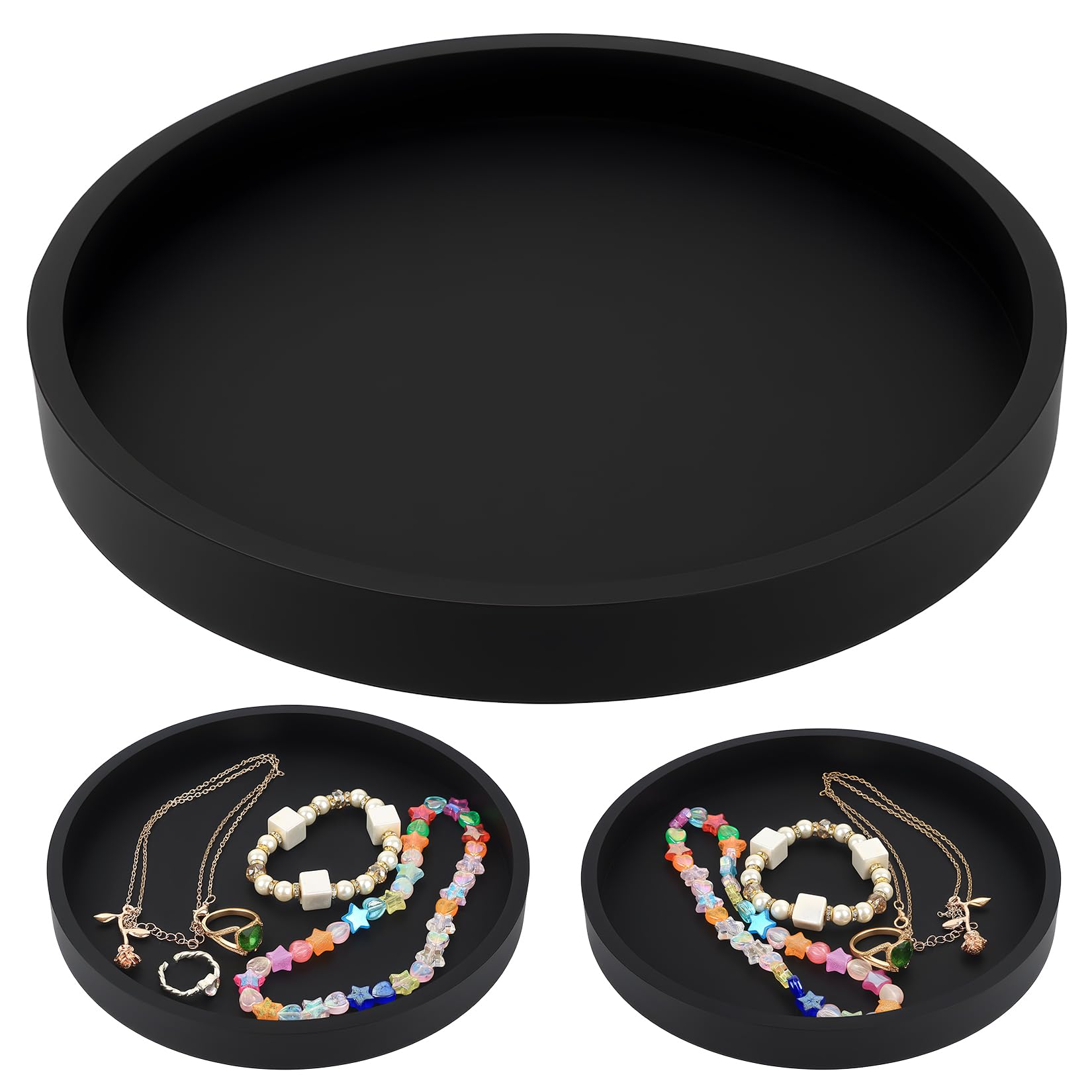 Black Trays for Cosmetics, Jewelry Tray Decorative Plate Bowl, Round Black Silicone Bathroom Trays for Toiletries Makeup Vanity Dressing Table Tray(7x7x0.74 inch)