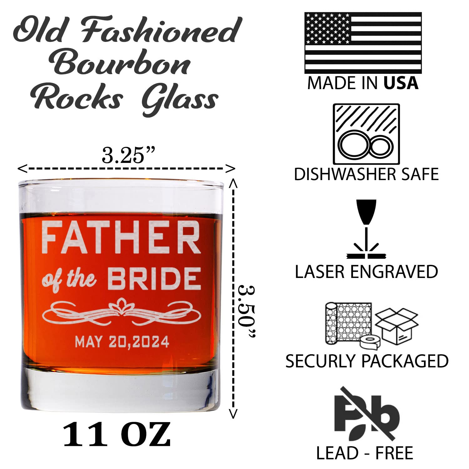 CARVELITA Personalized Whiskey Glass For Father Of The Bride, 11oz Old Fashioned Custom Whiskey Glass Wedding Gift For Dad, Customized Engraved Rocks Cocktail Glass, Wedding Gifts Party Decoration