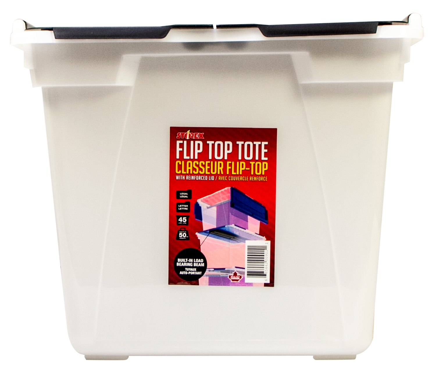 Storex Flip-Top Storage Tub, 22.5 x 15.25 x 13 Inches, Frost/Black, Case of 4 (00903U04C)