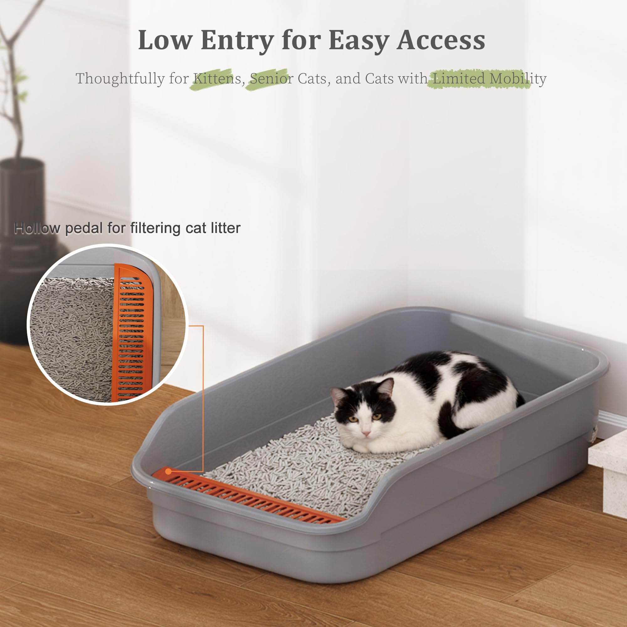 Vealind Bac à Litière Chat XXL， Design Ouvert parois Hautes Anti-éclaboussures pédale Anti-Fuite Grand bac litiere pour Chat， 60×40×16cm，pour Chatons et Grands Chats (Gris)