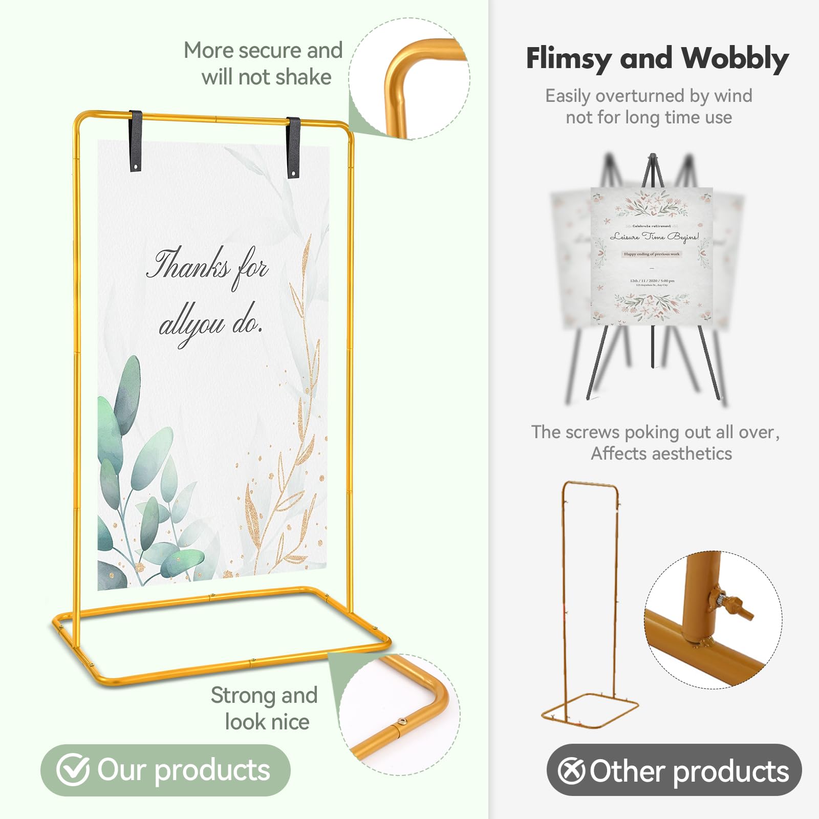 Soporte ajustable para letreros de boda, soporte ajustable para letreros de boda con correas de cuero para colgar, estante para letreros, soporte de caballete resistente para carteles, soporte de