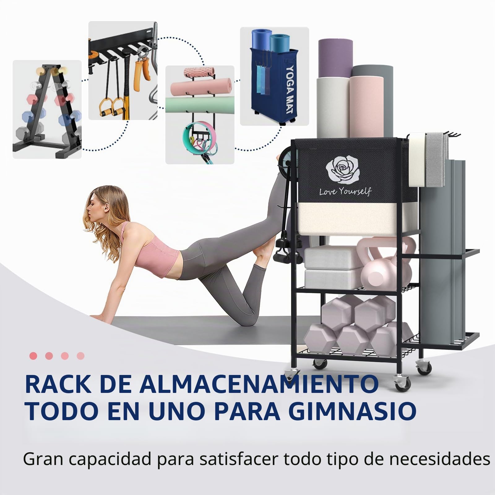 Estante de almacenamiento para esterilla de yoga, estante de almacenamiento de gimnasio en casa, organizador de almacenamiento de equipo de entrenamiento, estante de pesas con ruedas para esterilla de