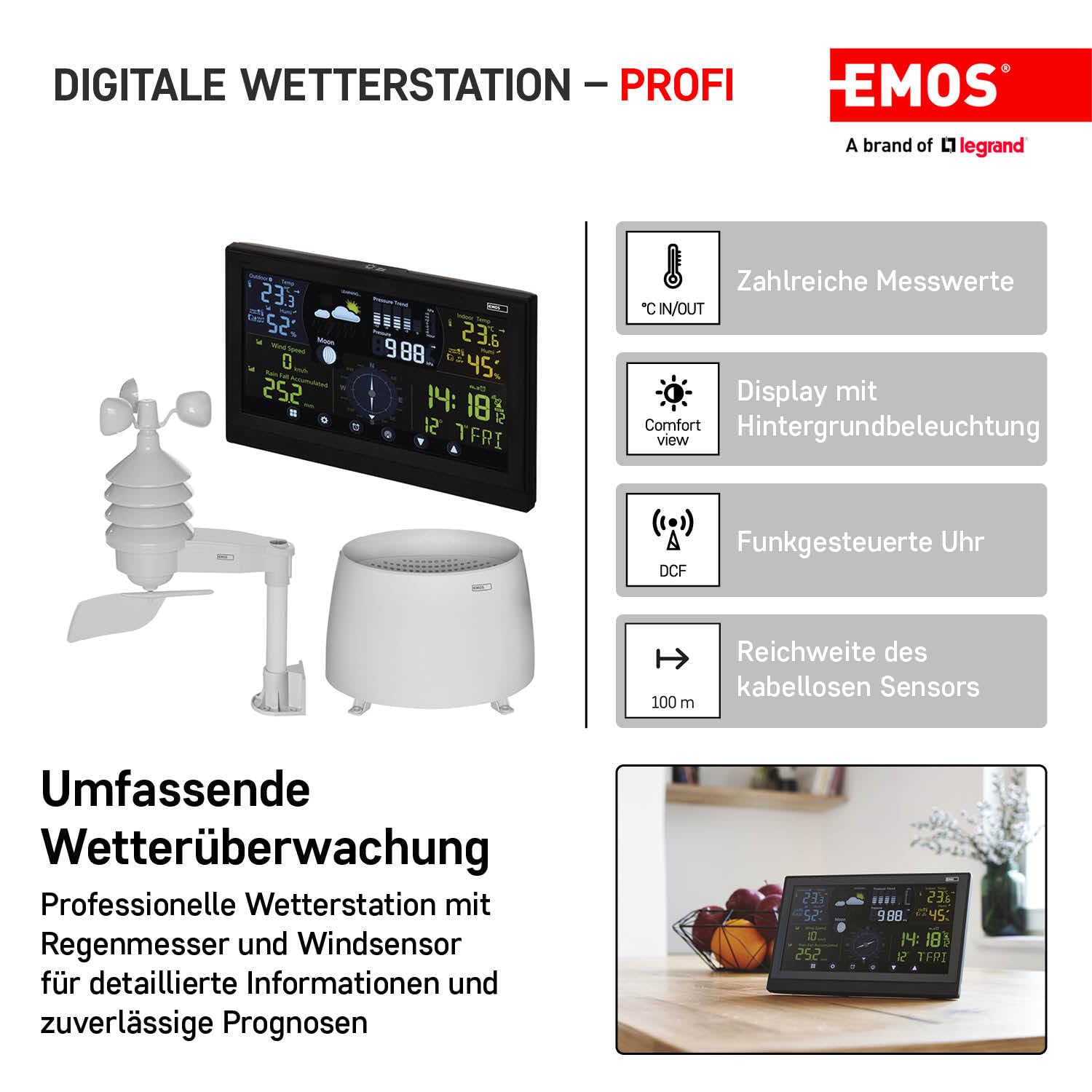 EMOS - profi Funk-Wetterstation mit Außensensor - Touchscreen-Display, Wind- & Regenmesser, Wettervorhersage, Innen/Außentemperatur - DCF Funkuhr - 15 Funktionen - inkl. Netzteil, Wand/Tischhalterung