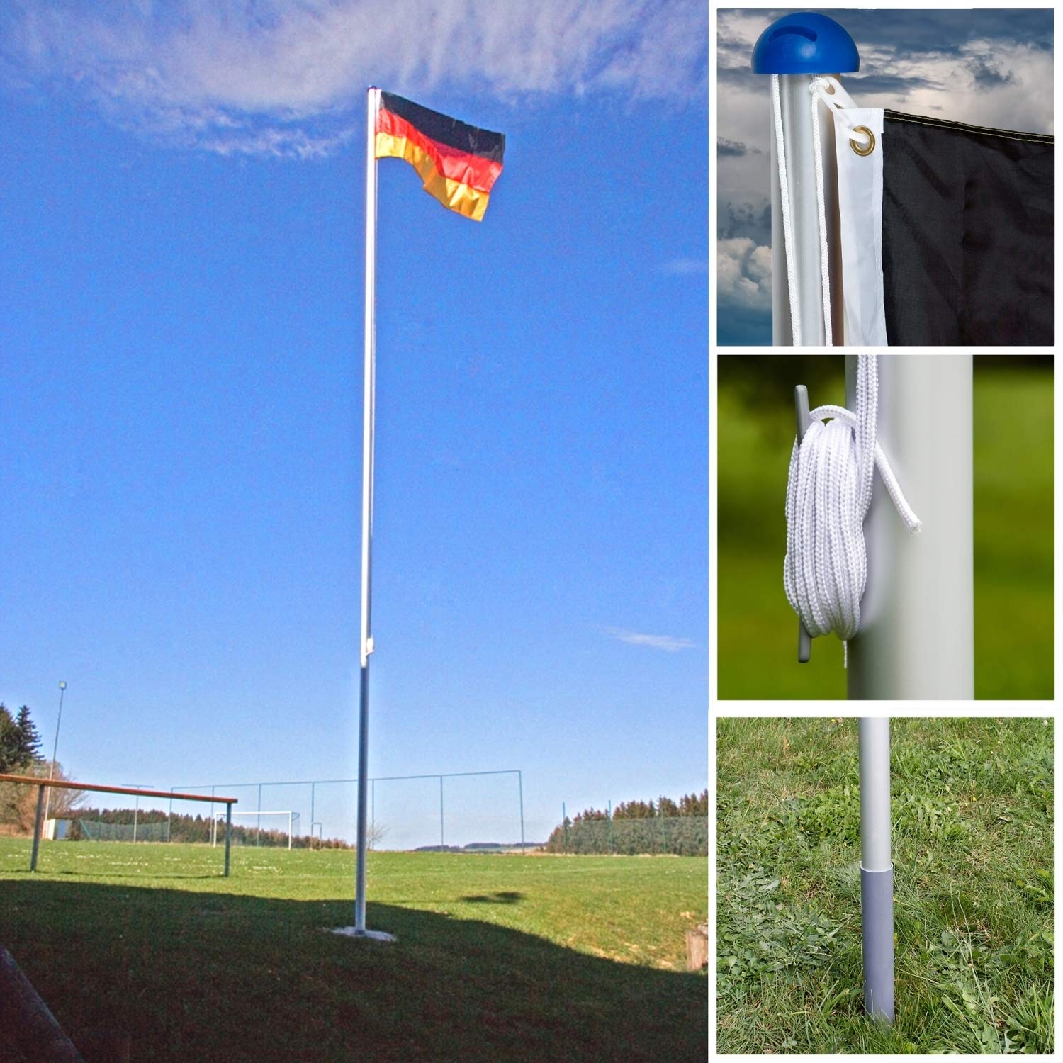 Teleskop Fahnenmast Aluminium 6,50 m, 5-fach höhenverstellbar, 30 verschiedene Fahnen zur Wahl, Komplettset mit Bodenhülse