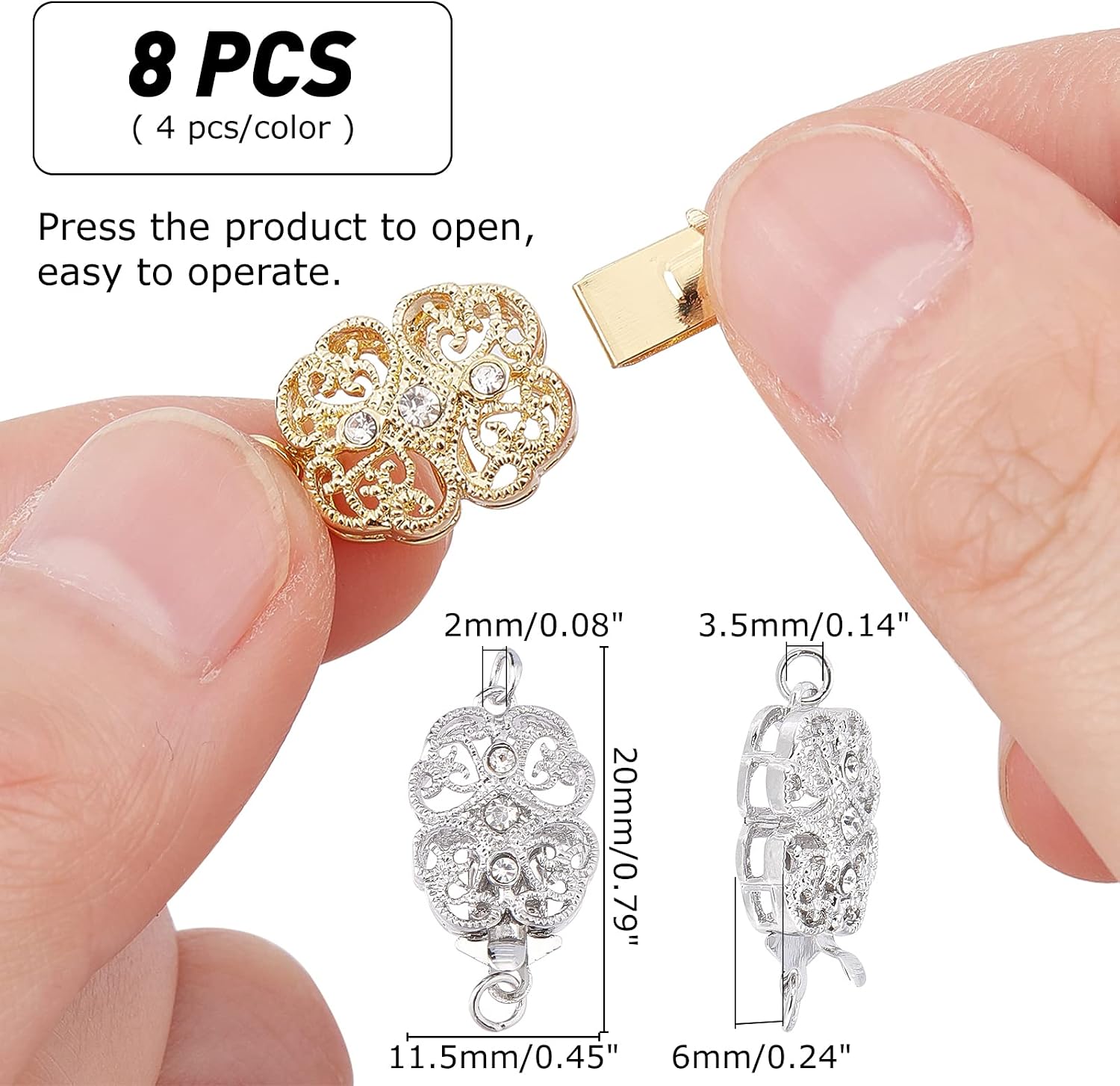 arricraft 8 Sets Filigree Necklace Clasps, Brass Rhinestone Box Clasps Jewelry Slide Clasps for Necklace Bracelet Connectors Knotted Jewelry Making DIY Craft (Platinum & Golden)