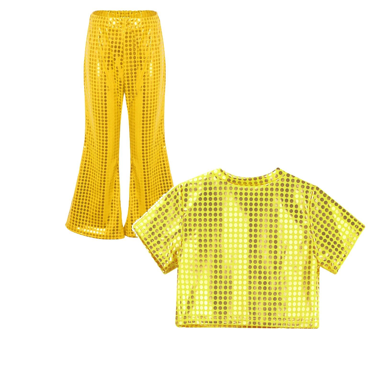 Kids Sequin Top and Flared Pants Two Piece Outfit Boys Girls Sparkly Metallic Crop Top Hip Pop Disco Party Dance Shiny Trousers Y2K Streetwear Dancewear for Carnival Jazz Dance Costume