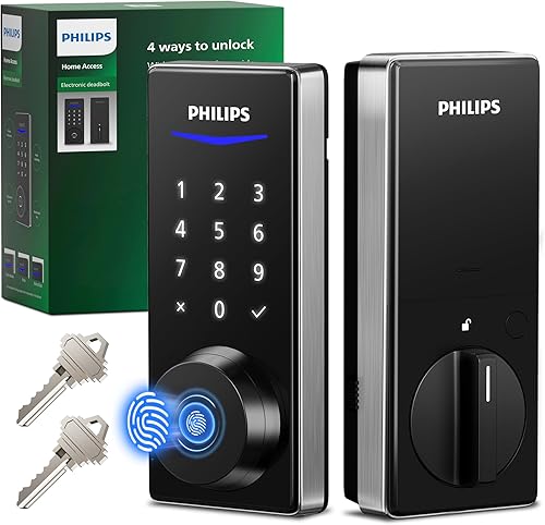 Miniatura 10 de Philips Cerradura de puerta de huellas dactilares, pantalla táctil, teclado digital con llaves, entrada biométrica electrónica sin llave, bloqueo