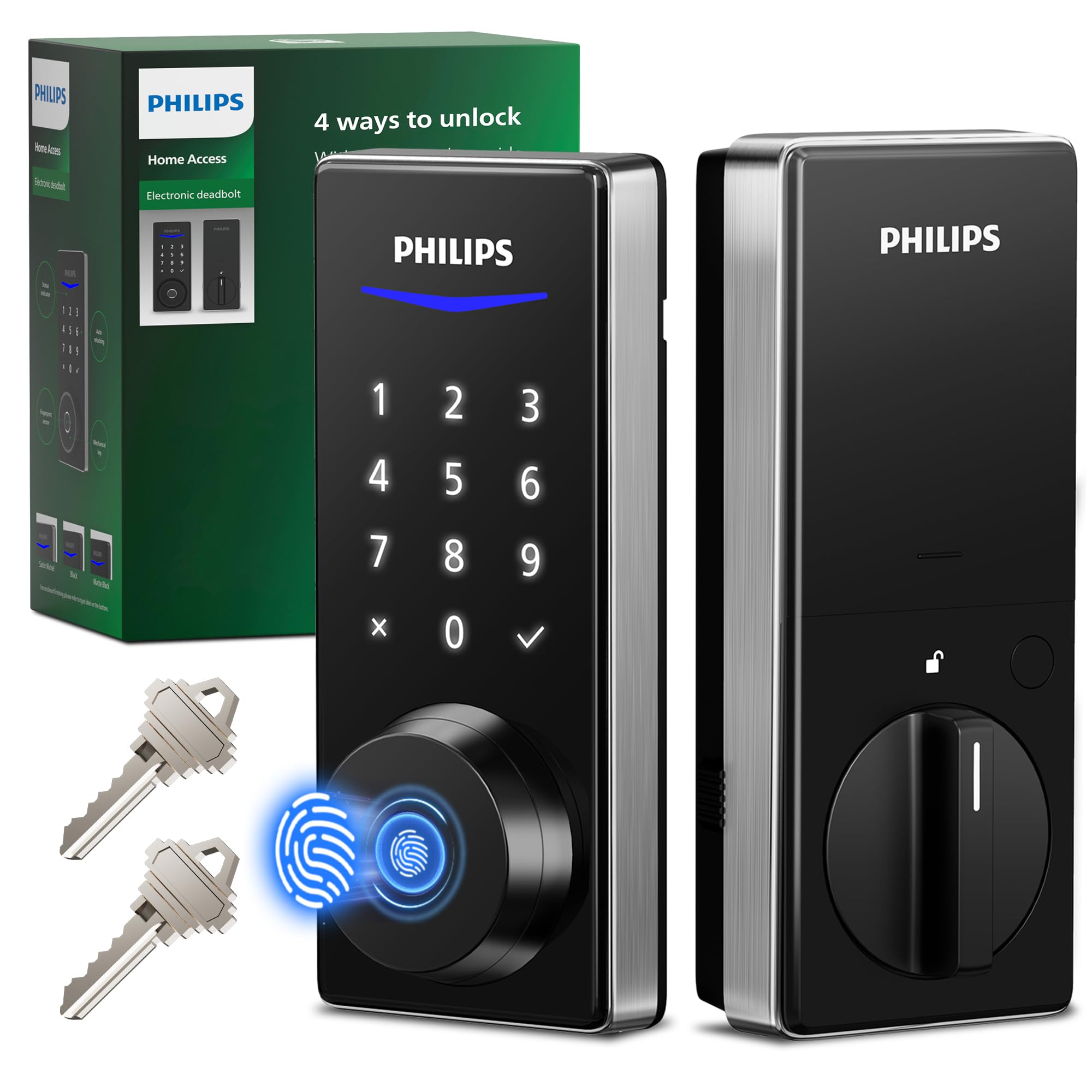 Photo 1 of Philips Fingerprint Electronic Door Lock, Keyless Entry Door Lock with Touchscreen, Long-Last Battery Life, Auto-Lock, One-Time Code, One-Touch Locking, Satin Nickel