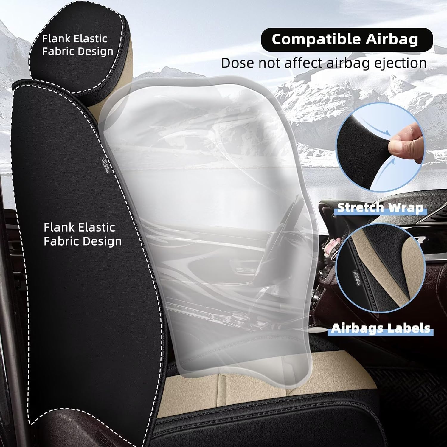 YORKNEIC 2 Front Seat Covers Fit for Cadillac STS 2005-2011 Leather Car Seat Covers for STS Automotive Seat Cushion Waterproof Car Seat with Airbag Compatible(2 Front Seat,Black&Beige)