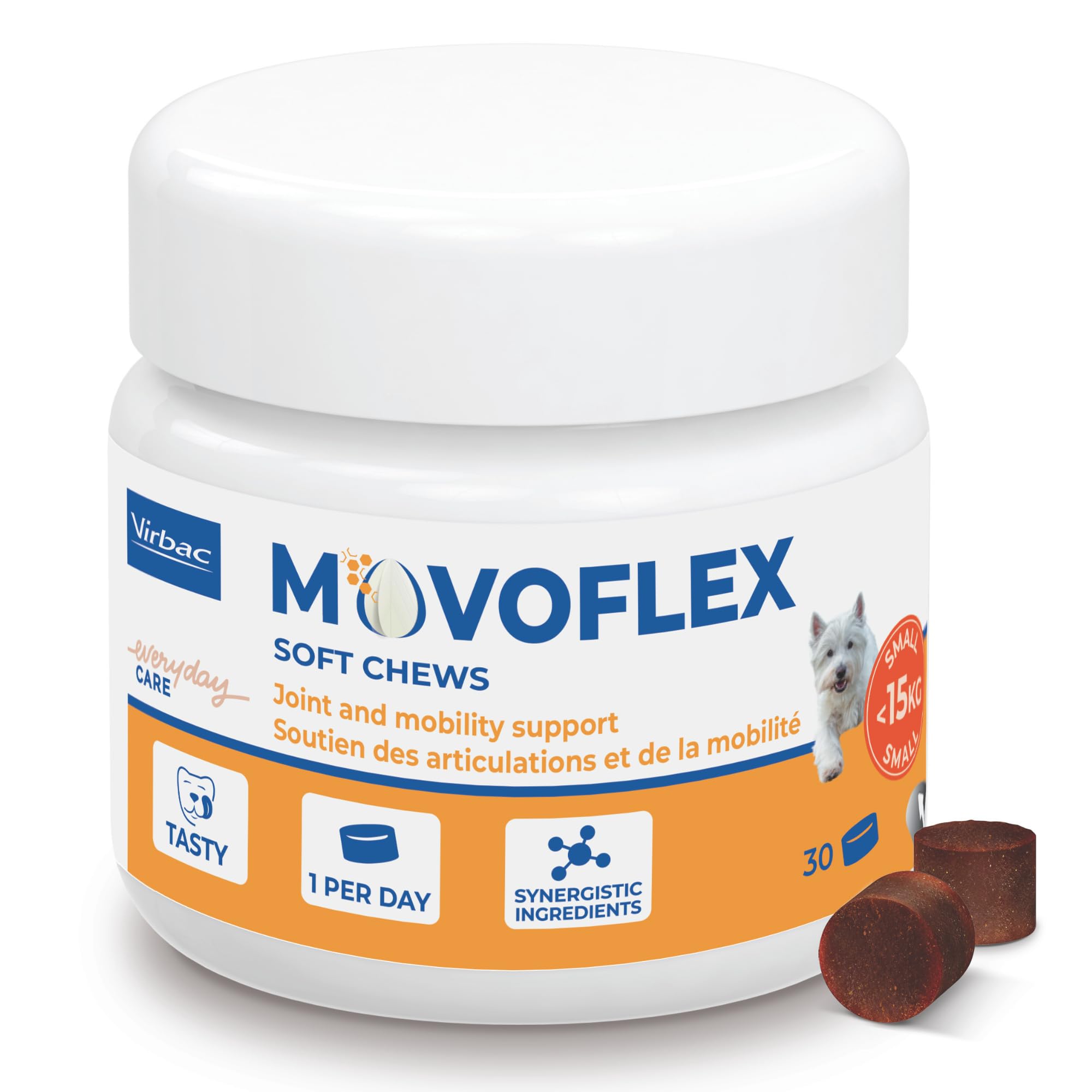 Virbac Movoflex Chien S Aliment complémentaire pour Le Soutien des articulations et de la mobilité – Petits Chiens de Moins de 15 kg – Boîte de 30 bouchées