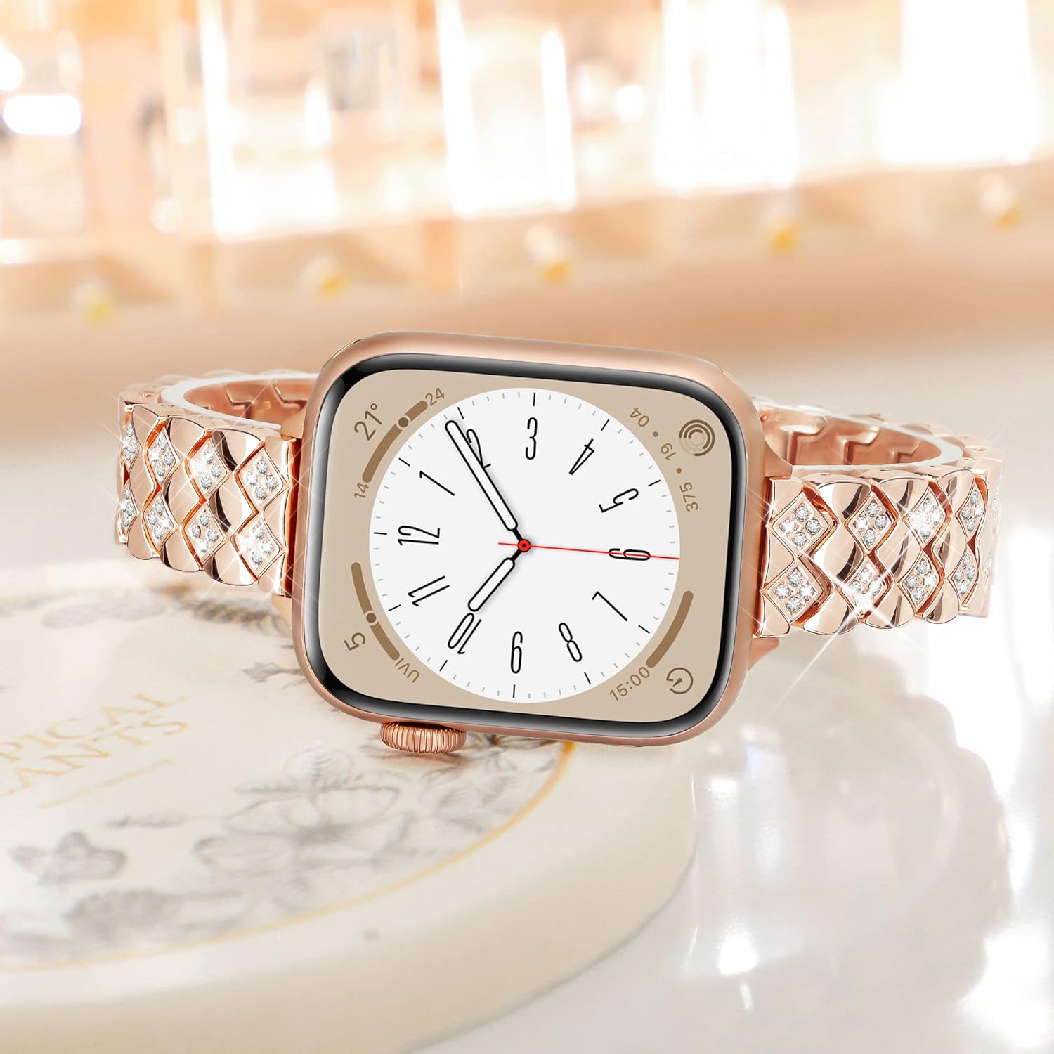 Exquisite Diamond Rhombus Band for Rose Gold Apple Watch Band 49mm 45mm 44mm 42mm, Fashion Shiny Band for Women, Elegant Alluring Metal Bracelet for iWatch Series 8/7/6/5/4/3/2/1/SE Ultra-Rose Gold