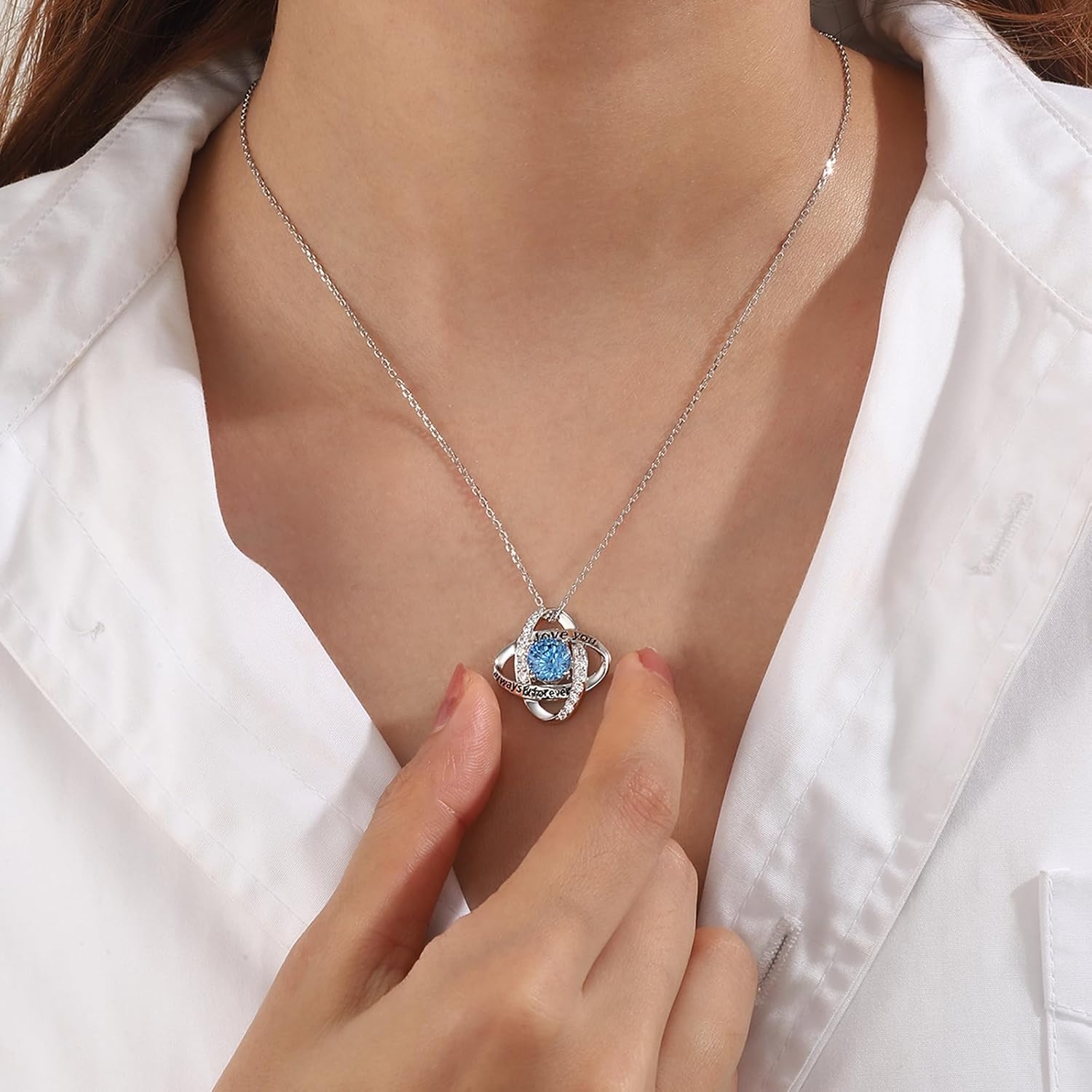 Aurora Tears Birthstone Love Knot Pendant Necklace - 925 Sterling Silver Firework-Cut Cubic Zirconia Love You Forever Necklace Anniversary Birthday Jewelry Gift for Women Wife Mom Daughter - Image 5
