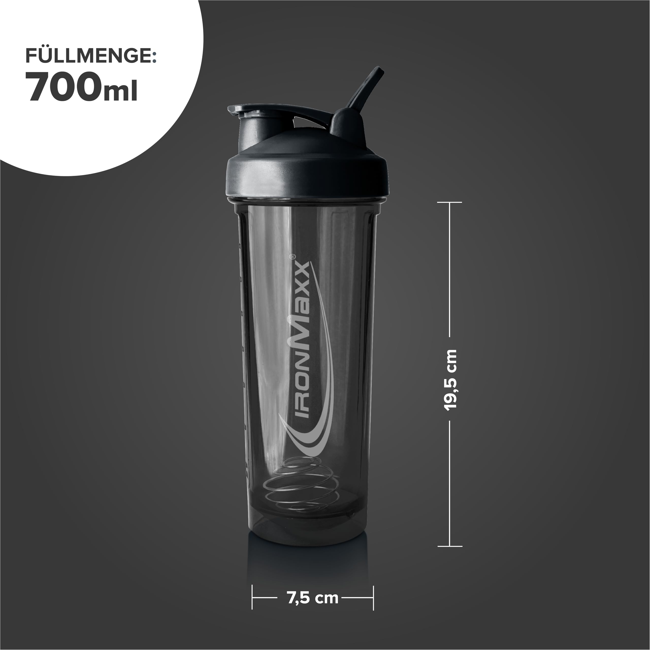 IronMaxx Premium Shaker Deep Black 700 ml, shaker do białek z kulką filtrującą i skalą | Hermetyczna butelka z tworzywa AS+PP | do kremowych koktajli, gdziekolwiek jesteś