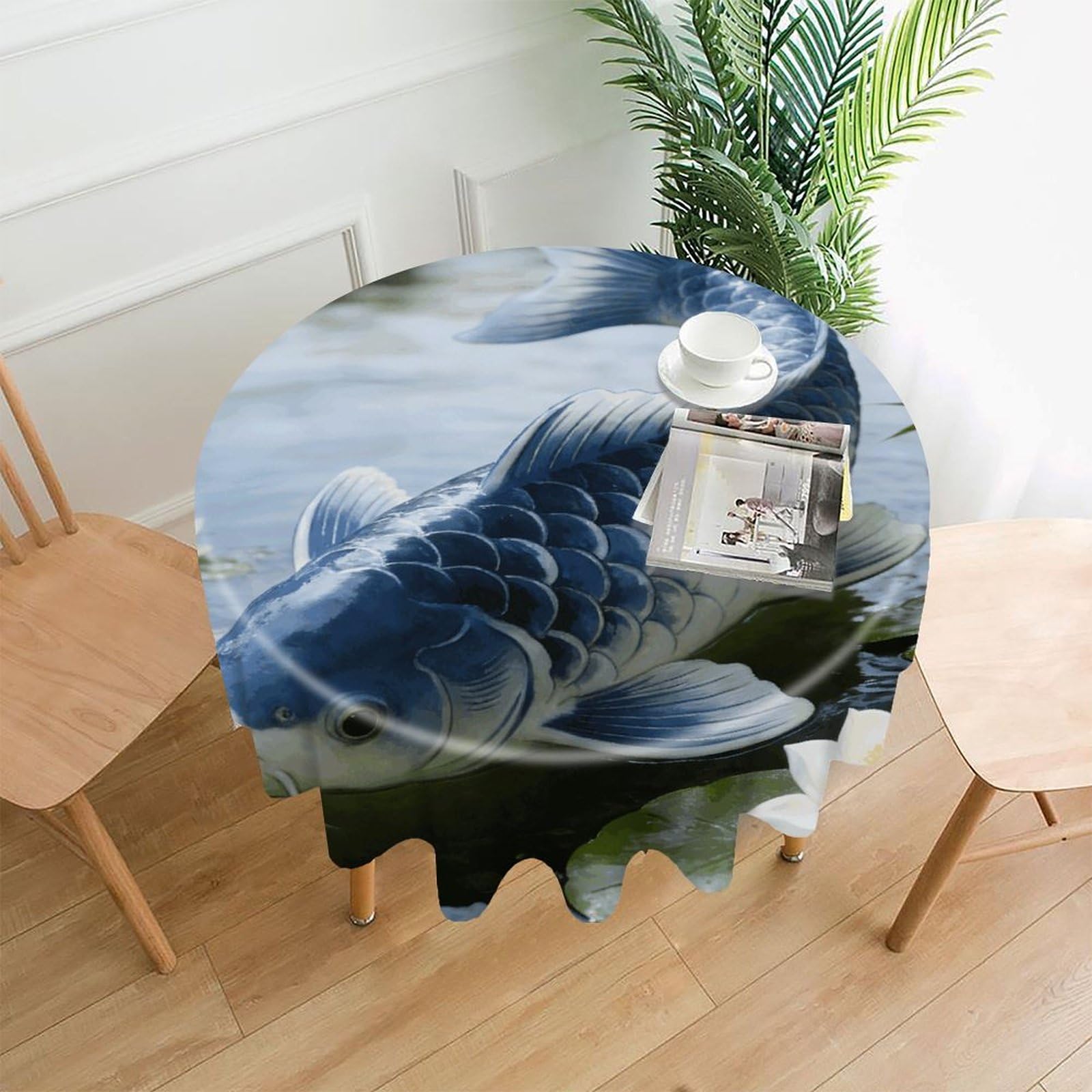 LZQPOEAS Koi Fish Japanese Tattoo Tablecloth Easy to Clean Polyester Round Table Cover Washable Round Table Cloth Wrinkle-Free Circle Decoration Tablecloth for Kitchen and Dining Room 60"