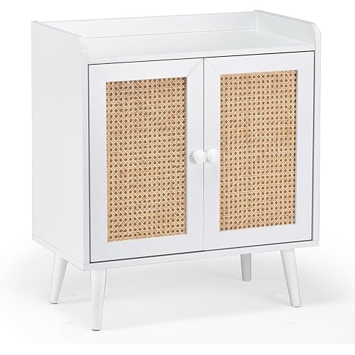 JOSHEN 26" Handmade Rattan Modern Sideboard, Farmhouse Buffet with Arc Baffle, Storage Cabinet for Dining Room with Ample Storage for Living Room/Hallway​, White