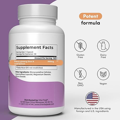 Miniatura 2 de Panax Ginseng Peak 500 mg - Apoya la claridad mental, la energía y la concentración - Suplemento de vapor y extracto de hoja de Panax Ginseng para