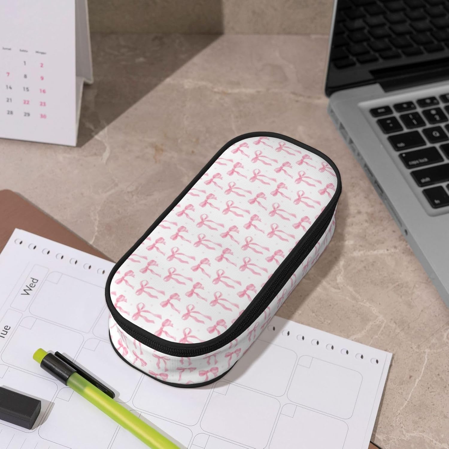 VOL&BASS Cute Pink Bow Large Pencil Case For Girls Boys,Big Capacity Pencil Pouch Pen Bag With Flip Top Zipper,Back To School Supplies Pen Holder Box Organizer Office Student
