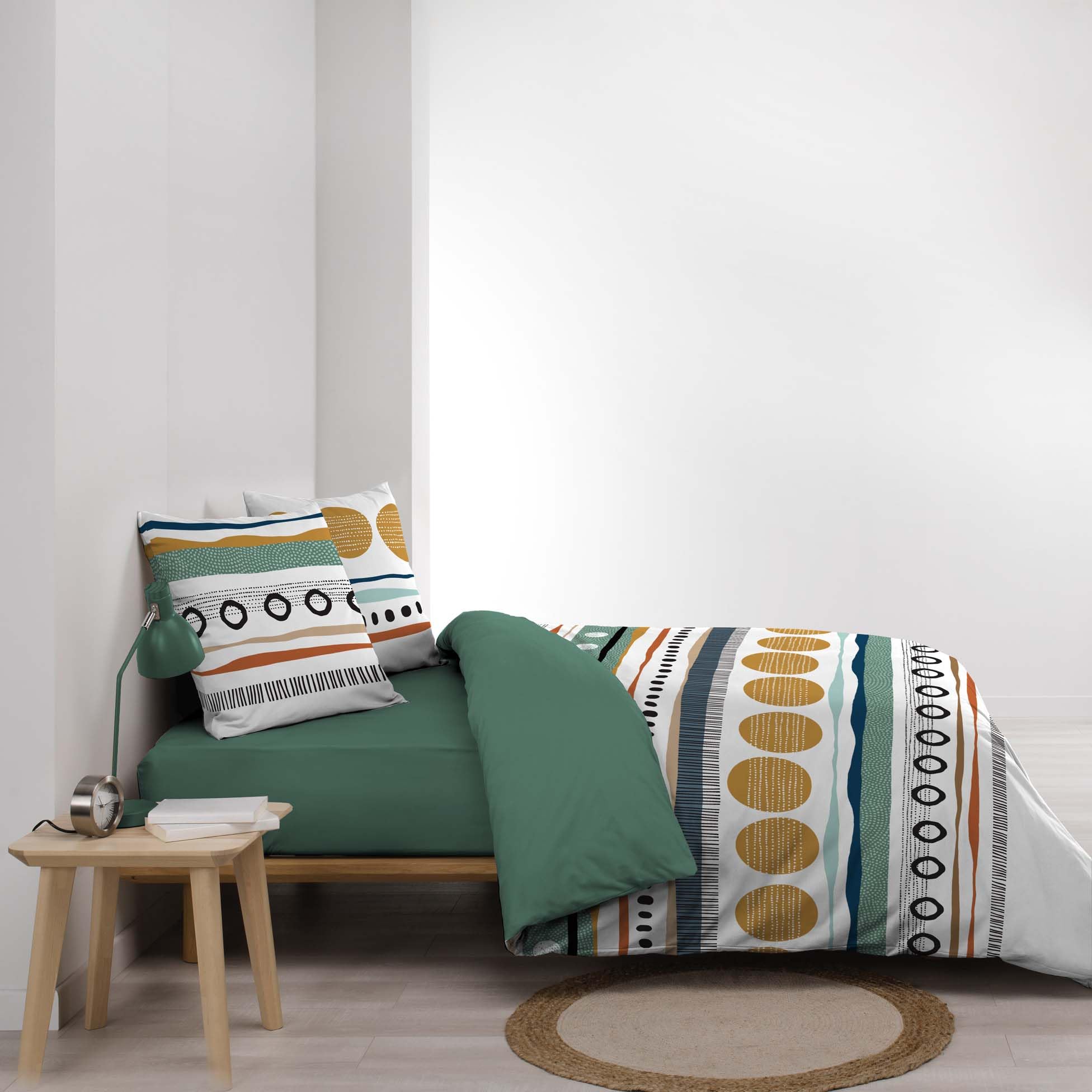 Douceur d'Intérieur, Parure de Lit 3 Pièces (200 x 200 cm) Asiana Vert, 100% Coton | Parure complète avec 2 taies assorties