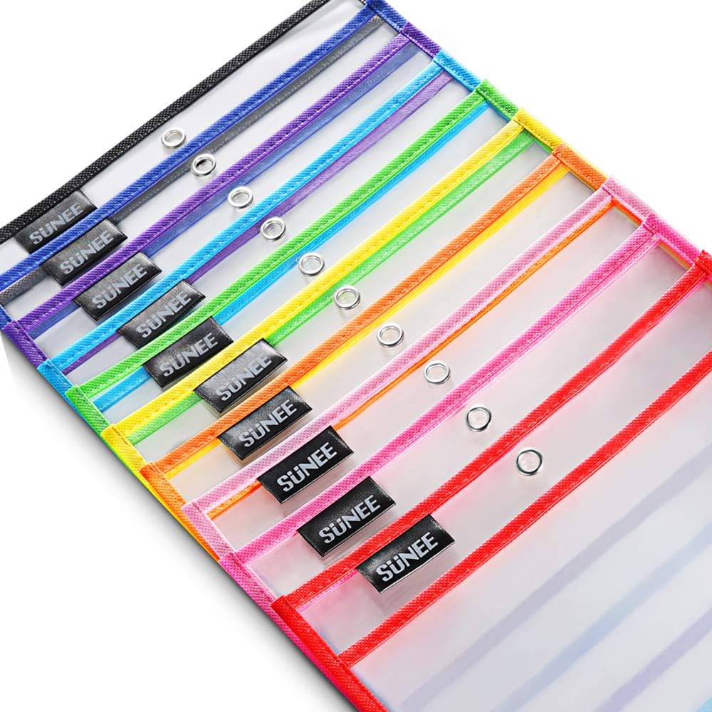 SUNEE 30 Packs Oversized Reusable Dry Erase Pocket Sleeves with 2 Rings, 10 Assorted Colors 10x14 Ticket Holders, Clear Plastic Sheet Protectors, Teacher School Classroom Supplies : Office Products