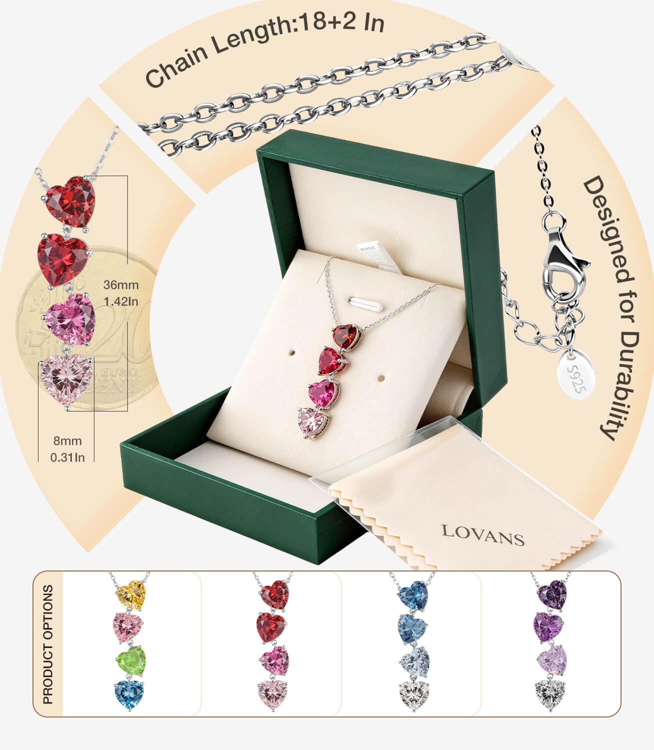 Lovans Sterling Silver Y Necklace with Heart-cut Cubic Zirconia S925 Y-shaped Pendant Necklace for Women,18"+2"