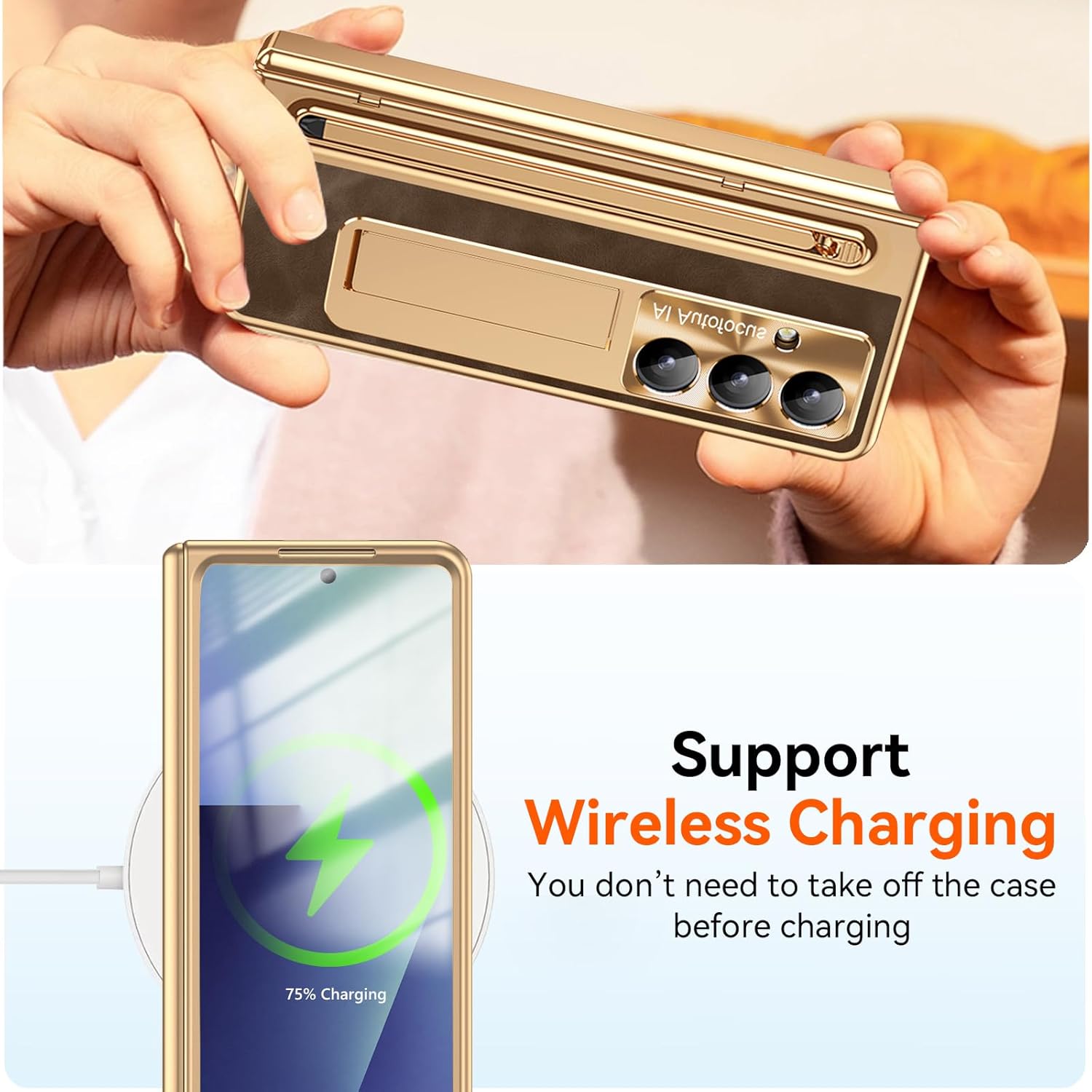 for Samsung Galaxy Z Fold 7 Case with S Pen Holder & Slim Stylus, Fold7 PU Leather Phone Case with Kickstand Built in Screen Protector Camera Protector Protective Cover for Z Fold7 Gold+Coffee