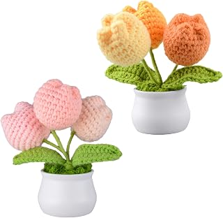 钩针花盆栽,2个 可爱郁金香编织花 手工人造花 永生花 生日 毕业 家居装饰
