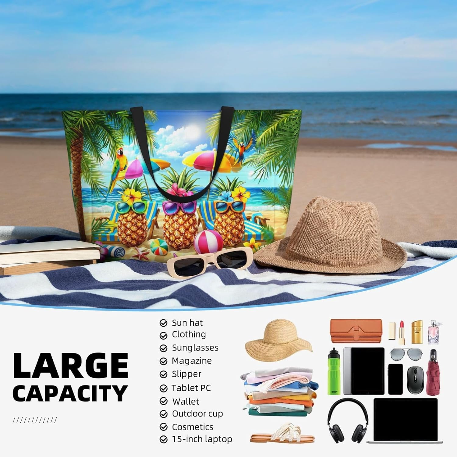 Beach Bags for Women Cute Print Waterproof Sandproof Women Tote Bag with Zipper Colorful Pool Bags for Gym Travel Vocation - Image 6