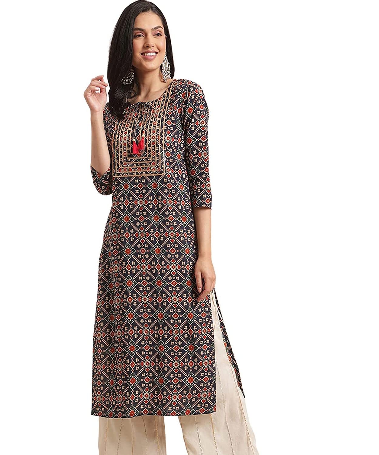 LookMark Women's Cotton Straight Fit Straight Floral Regular Printed Kurta (K1097-S)