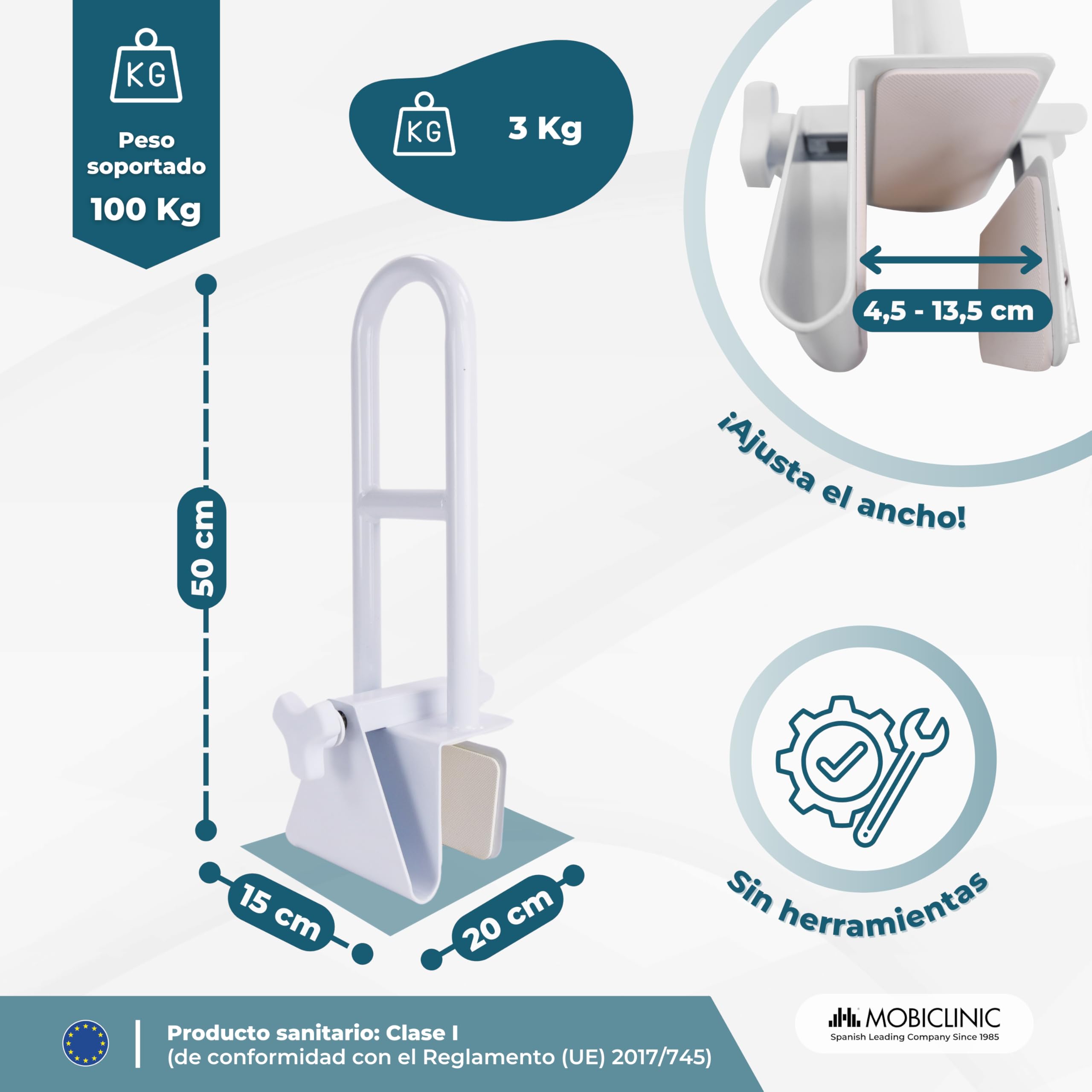 Mobiclinic®, Asa para Bañera Regulable, Bañeras Borde Liso (4.5-13.5 cm), Asidero Ergonómico, Máx. 100 Kg, Uso Clínico y Doméstico, Seguro y Funcional, Acero Blanco, Mobibary