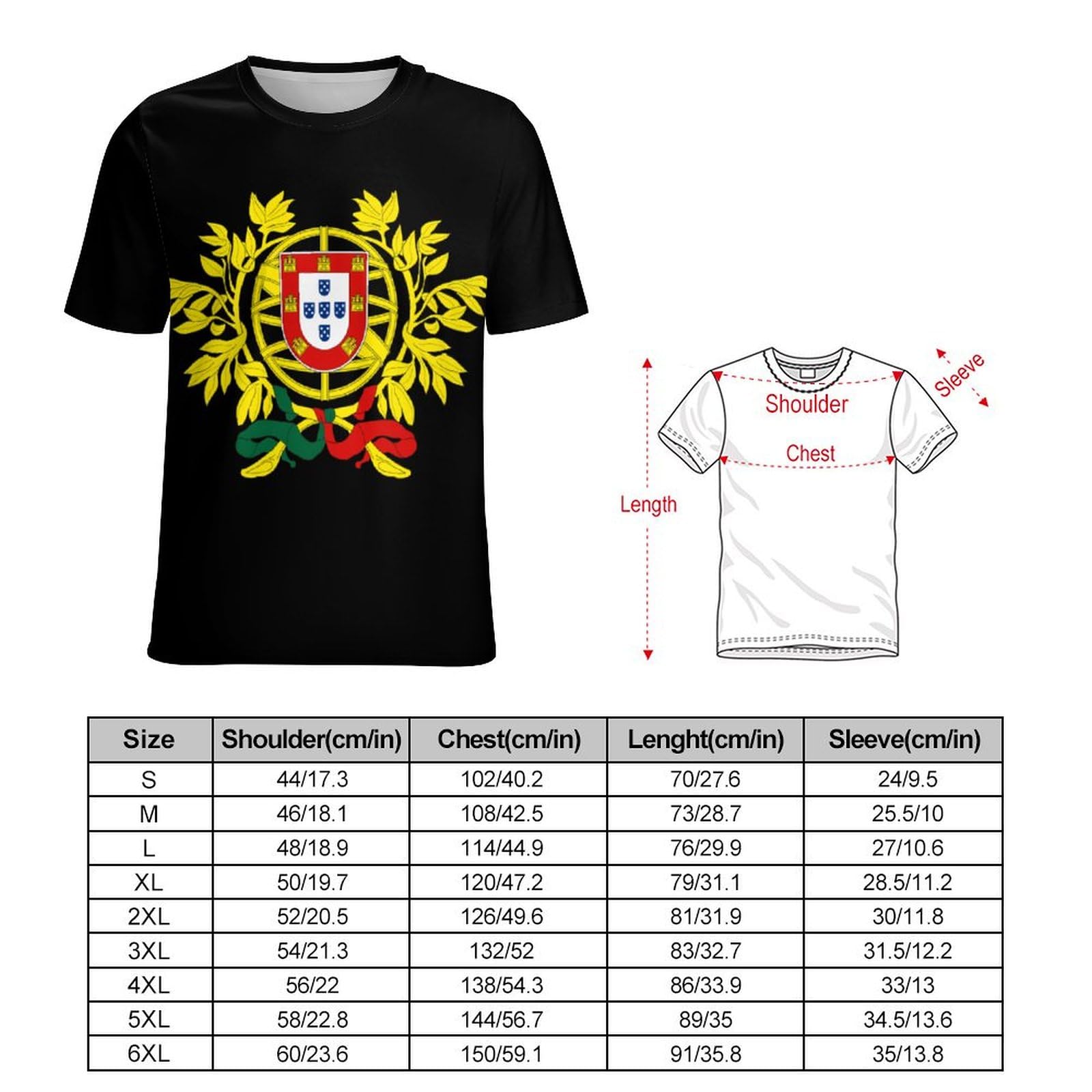 Coat of Arms of Portugal Unisex Adult T-Shirts Summer Short Sleeve Tee Casual Tops Funny Graphic 5XL