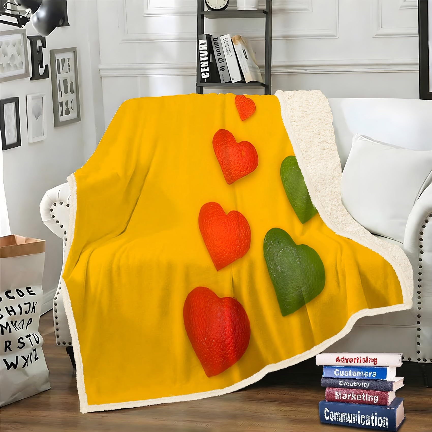 Plaid sherpa cœur vert-orange pour réchauffer vos soirées canapé en hiver