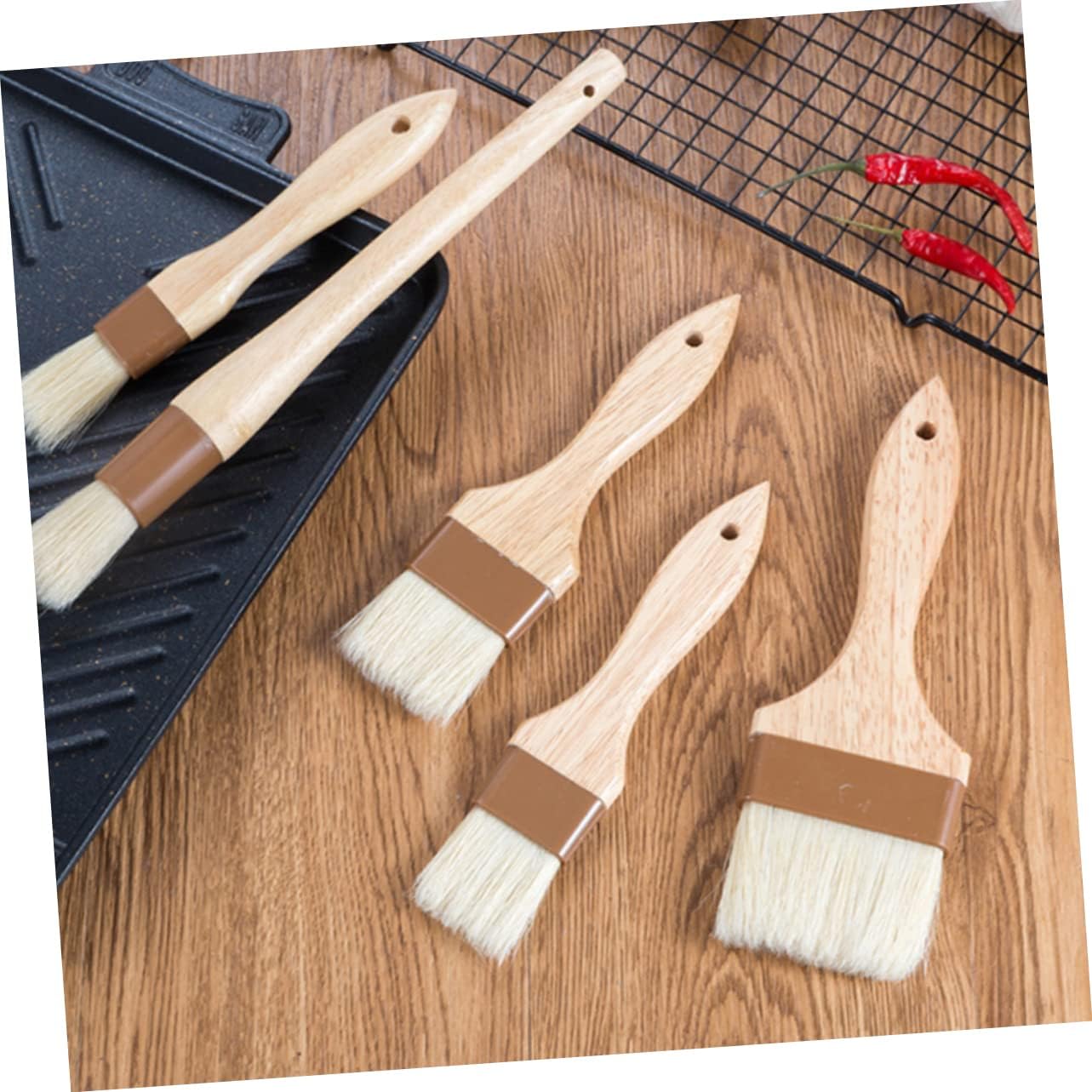 Outanaya 4Pcs Food Grade Wood Handle Basting Oil Brush Small Medium Large Round Wool Brush for Baking Grilling and Cooking Heat Resistant Kitchen Utensils