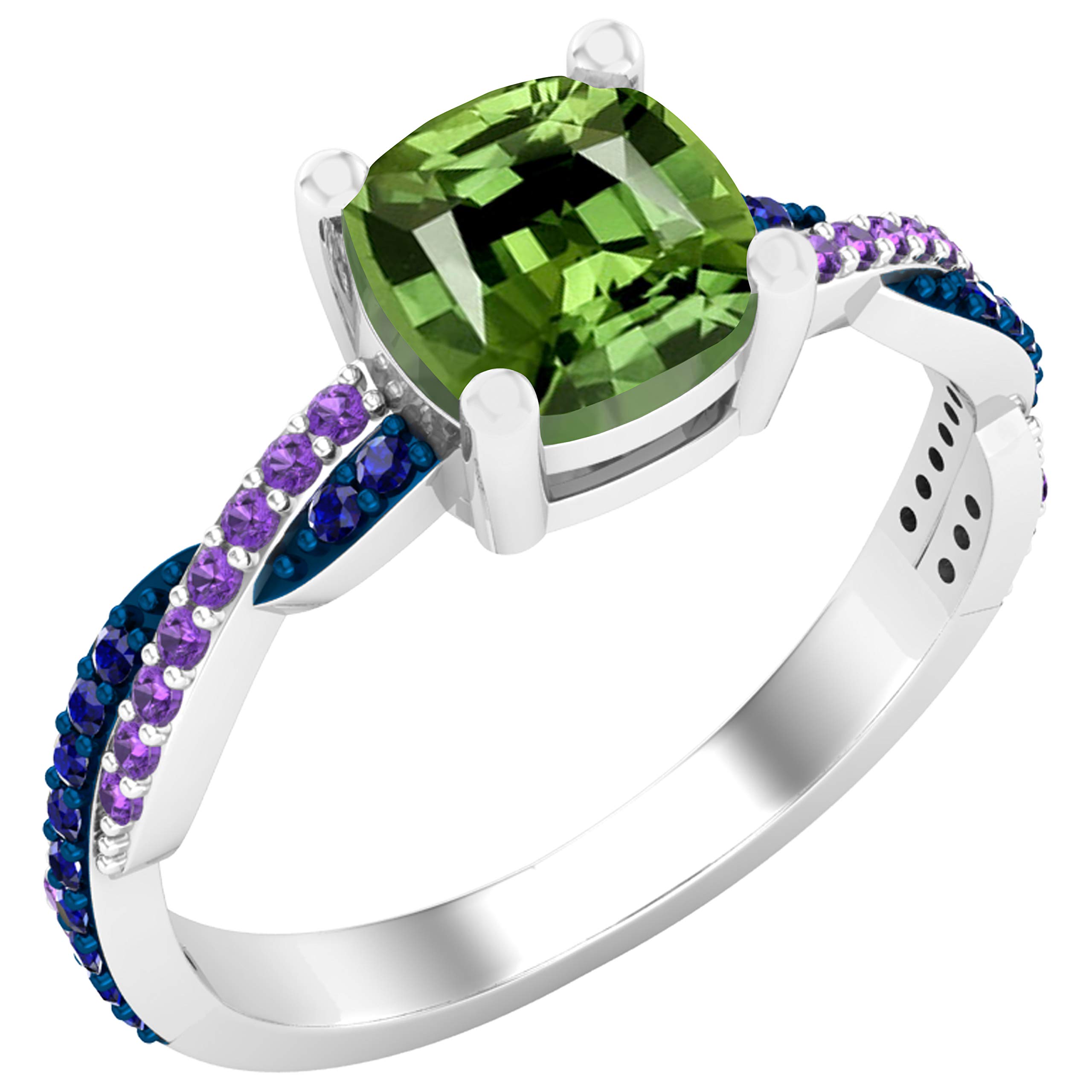 Dazzlingrock Collection6 mm Cushion Gemstone & Round Blue Sapphire & Amethyst Ladies Swirl Engagement Ring, Sterling Silver