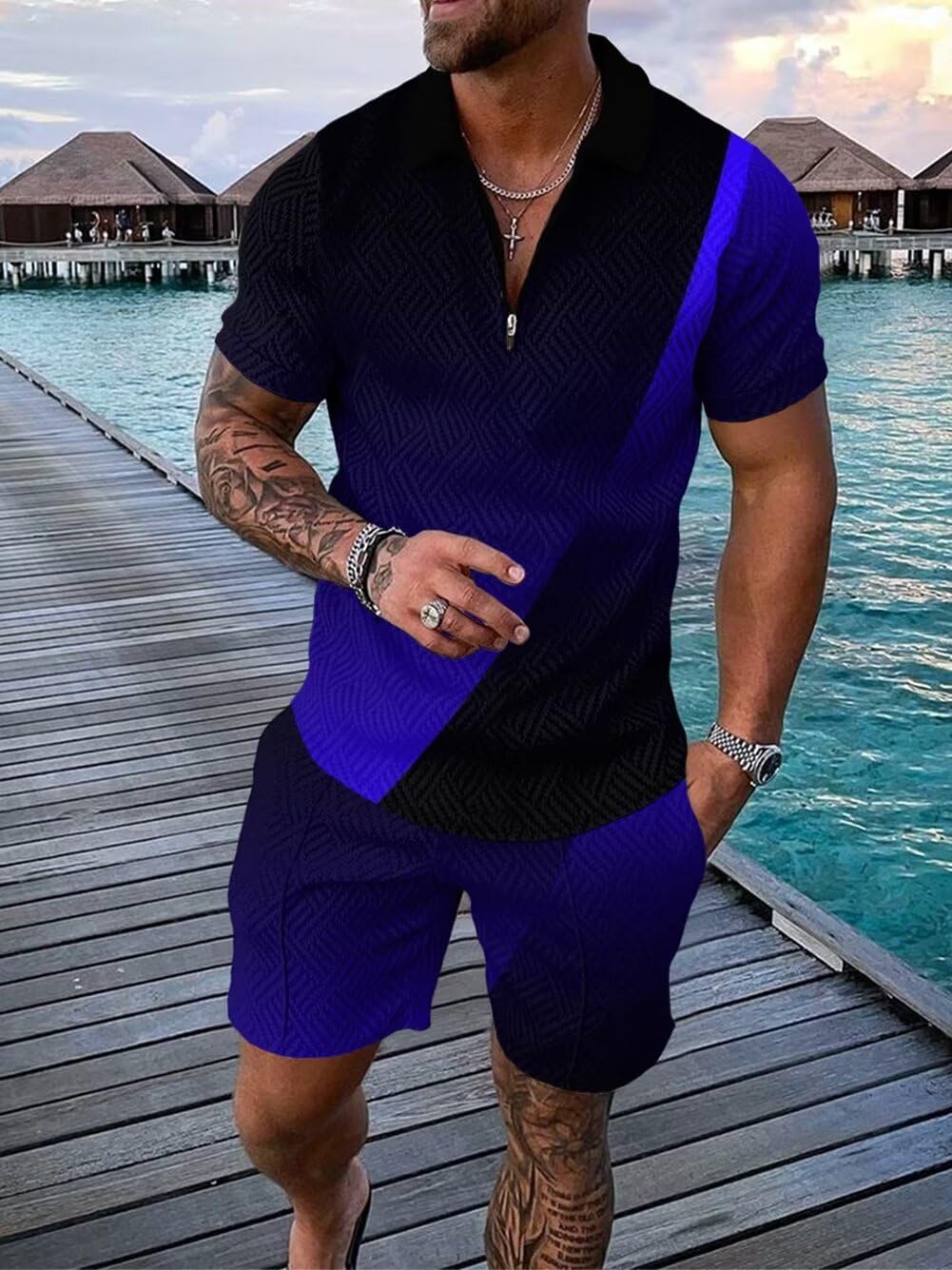 BIRW 2XL Black Blue Mixed Mens Short Sets 2 Piece Outfits Polo Shirt Fashion Summer Tracksuits Casual Set Short Sleeve and Shorts Set for Men - Image 2