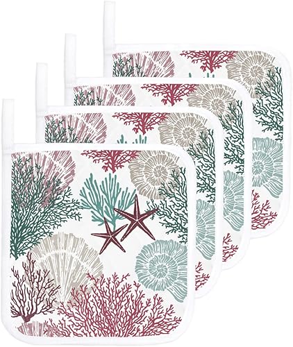 Miniatura 7 de 3 Packs Ocean Coral Pot Holders Sets for Kitchen,Oven Pan Plate Bowl Pads Heat Proof Mat with Hanging Loop,Terry Cloth Potholders Soft Grip for