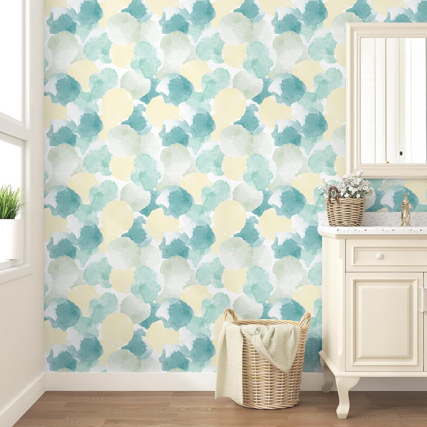 Blue Yellow Abstract Wallpaper Waterproof Geometric Wallpaper Peel and Stick Modern Watercolor Boho Contact Paper Self Adhesive Geometric Contact Paper for Nursery Room Bathroom 17.5" x 118"